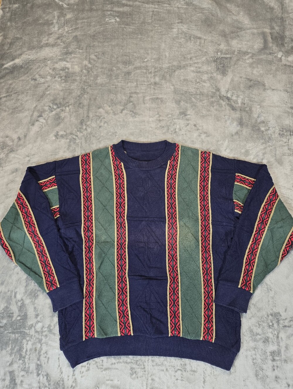 Vintagr Geometric Knit Sweater Size XL Made In USA Navy Green